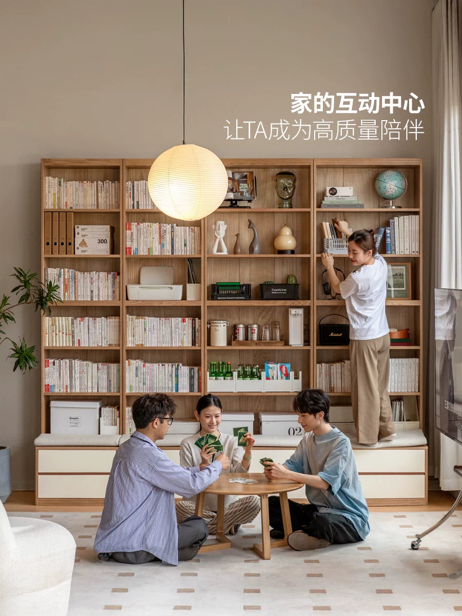 实木书房奶油风卡座橡木置物柜落地组合书柜
